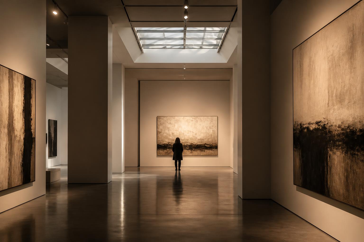 A contemplative figure standing before a large painting in a contemporary gallery